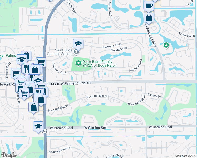 map of restaurants, bars, coffee shops, grocery stores, and more near in Boca Del Mar