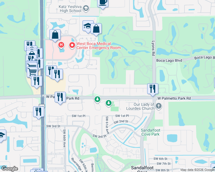 map of restaurants, bars, coffee shops, grocery stores, and more near 21910 Cricklewood in Boca Raton