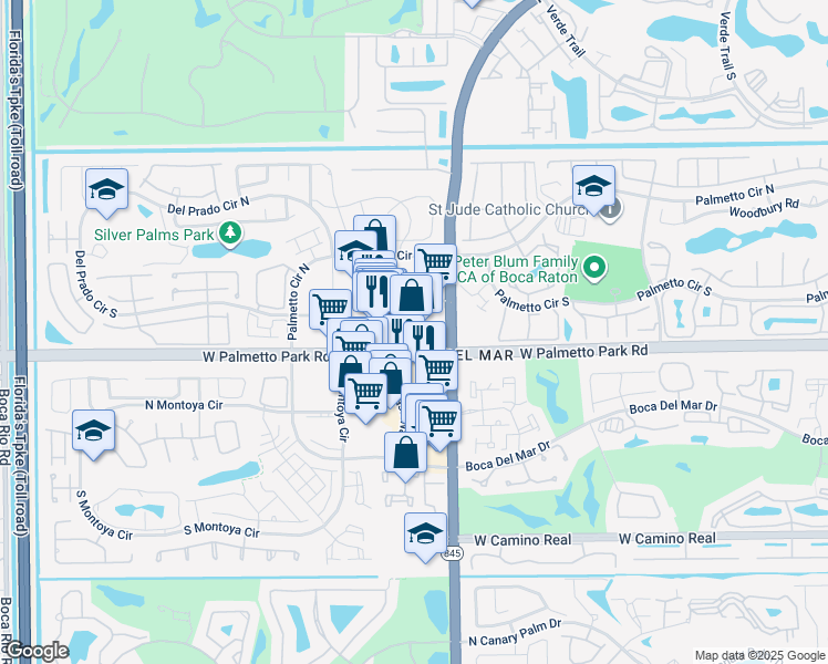 map of restaurants, bars, coffee shops, grocery stores, and more near in Boca Del Mar