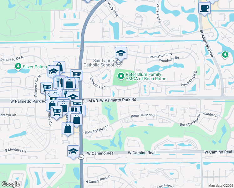 map of restaurants, bars, coffee shops, grocery stores, and more near 63 Remsen Terrace in Boca Raton