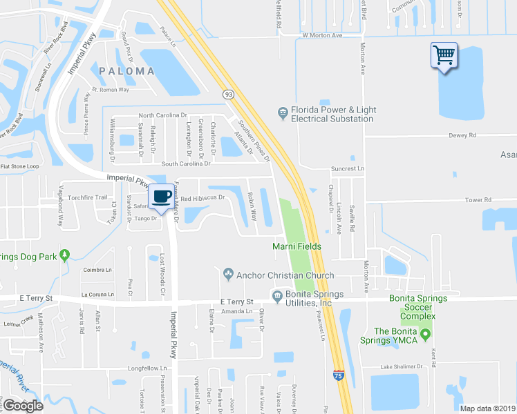 map of restaurants, bars, coffee shops, grocery stores, and more near 26601 Robin Way in Bonita Springs