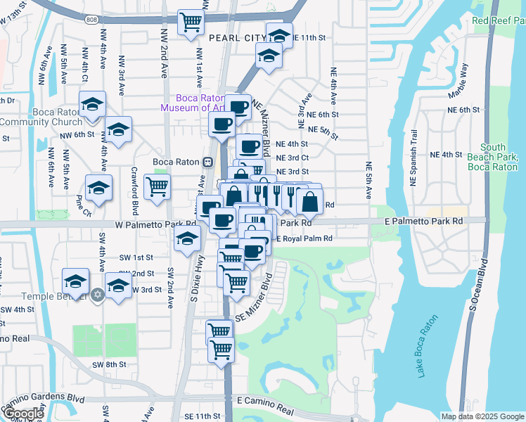 map of restaurants, bars, coffee shops, grocery stores, and more near 99 Northeast Mizner Boulevard in Boca Raton