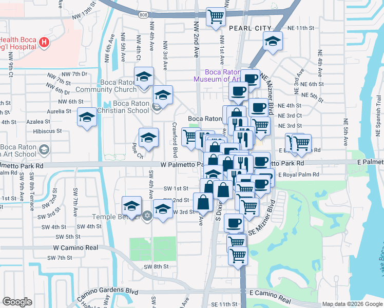 map of restaurants, bars, coffee shops, grocery stores, and more near 201 West Palmetto Park Road in Boca Raton