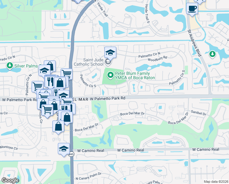 map of restaurants, bars, coffee shops, grocery stores, and more near 101 Tidewater Terrace in Boca Raton