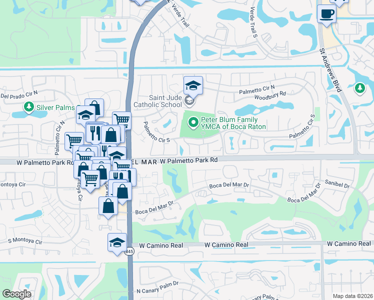 map of restaurants, bars, coffee shops, grocery stores, and more near 63 Remsen Terrace in Boca Raton