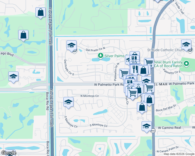 map of restaurants, bars, coffee shops, grocery stores, and more near 7541 Courtyard Run East in Boca Raton
