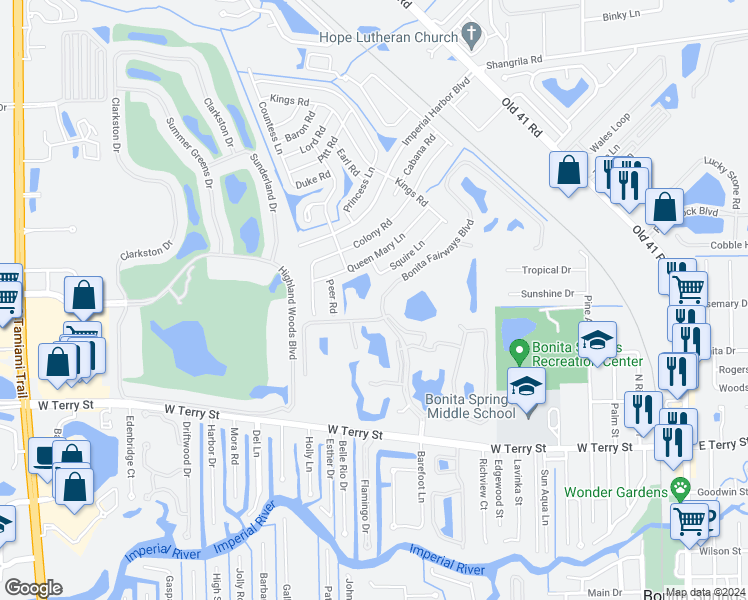 map of restaurants, bars, coffee shops, grocery stores, and more near 26720 Bonita Fairways Boulevard in Bonita Springs