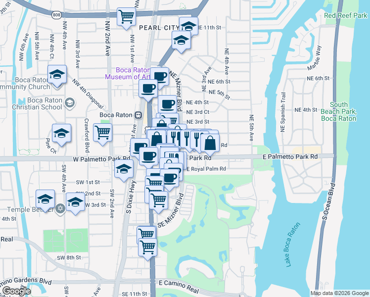 map of restaurants, bars, coffee shops, grocery stores, and more near 200 East Boca Raton Road in Boca Raton