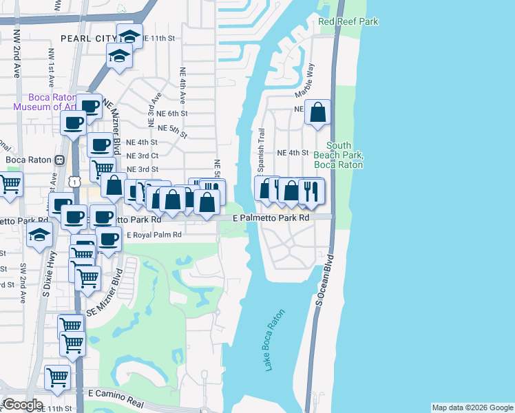 map of restaurants, bars, coffee shops, grocery stores, and more near 99 Northeast Spanish Trail in Boca Raton
