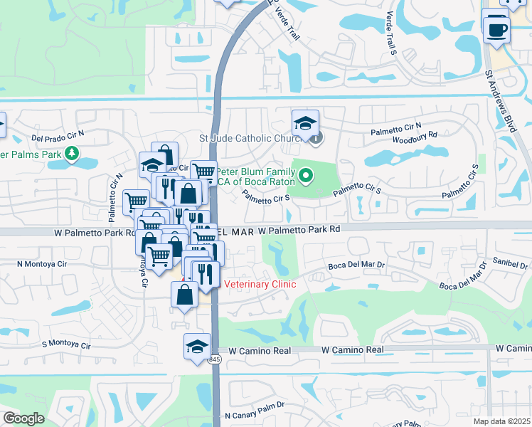 map of restaurants, bars, coffee shops, grocery stores, and more near 6820 Palmetto Circle South in Boca Raton