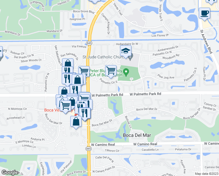 map of restaurants, bars, coffee shops, grocery stores, and more near 6855 Bridlewood Court in Boca Raton