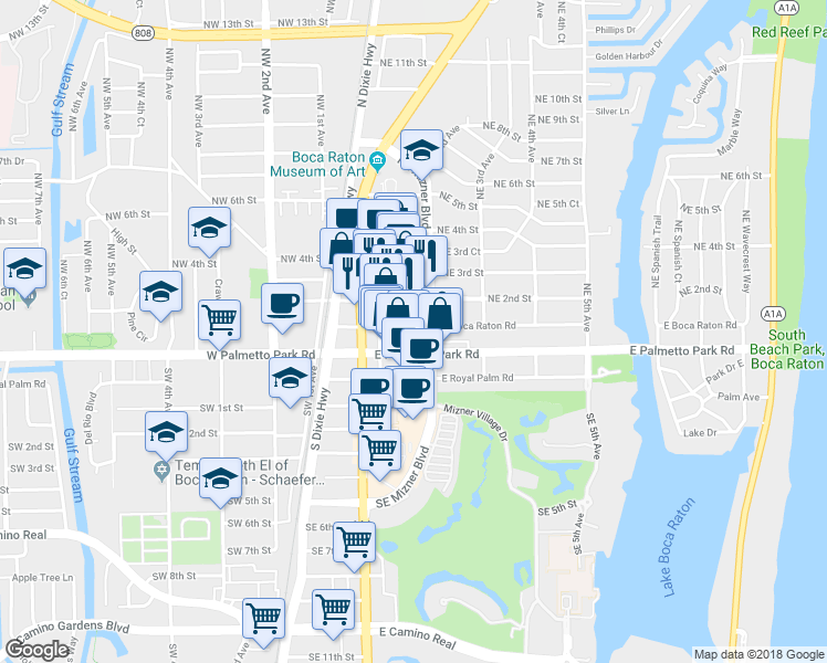 map of restaurants, bars, coffee shops, grocery stores, and more near 170 East Boca Raton Road in Boca Raton