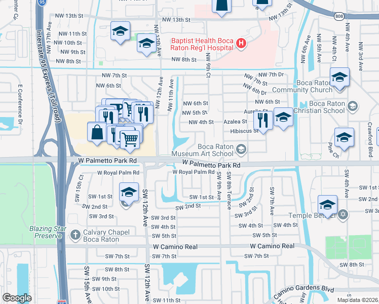 map of restaurants, bars, coffee shops, grocery stores, and more near 121 Northwest 10th Court in Boca Raton