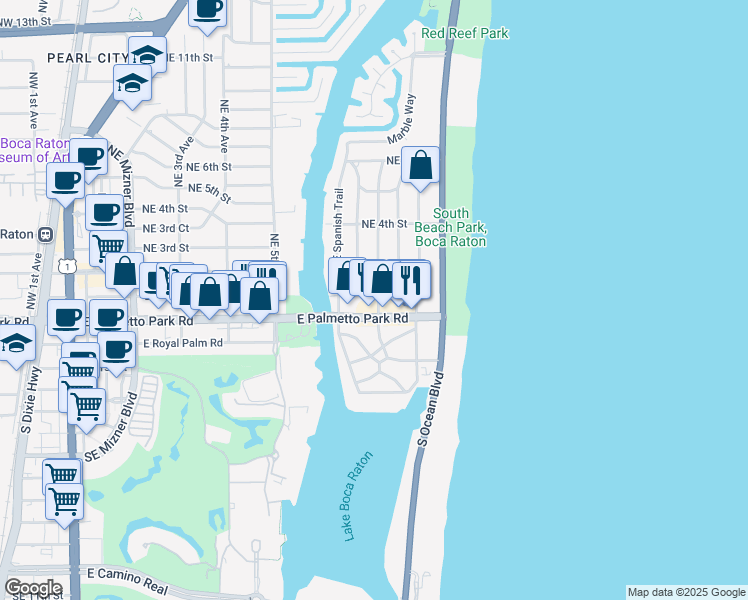 map of restaurants, bars, coffee shops, grocery stores, and more near 136 Northeast Olive Way in Boca Raton