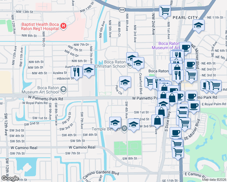map of restaurants, bars, coffee shops, grocery stores, and more near 481 Northwest 1st Street in Boca Raton