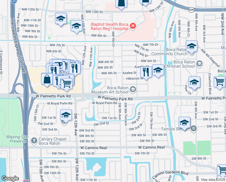 map of restaurants, bars, coffee shops, grocery stores, and more near 199 Northwest 10th Avenue in Boca Raton