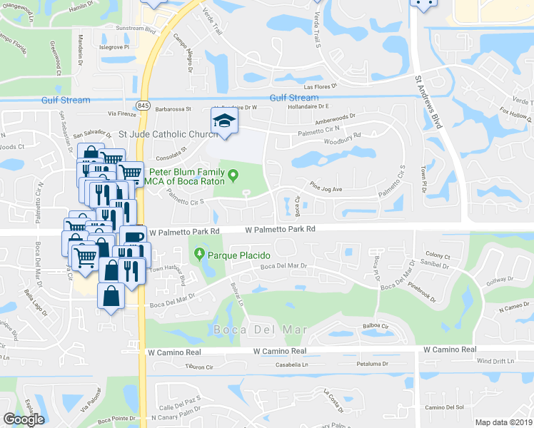 map of restaurants, bars, coffee shops, grocery stores, and more near 19 Somerset Drive in Boca Raton