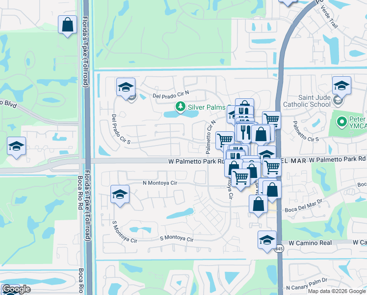 map of restaurants, bars, coffee shops, grocery stores, and more near 88 Lake Forest Circle in Boca Raton