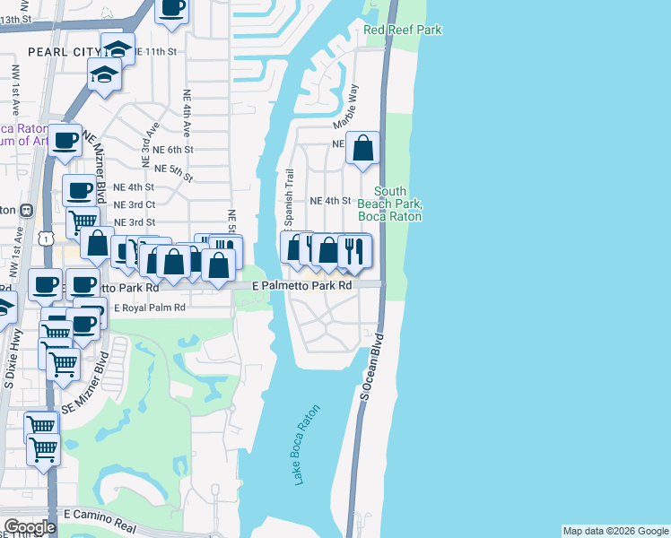 map of restaurants, bars, coffee shops, grocery stores, and more near 902 East Boca Raton Road in Boca Raton