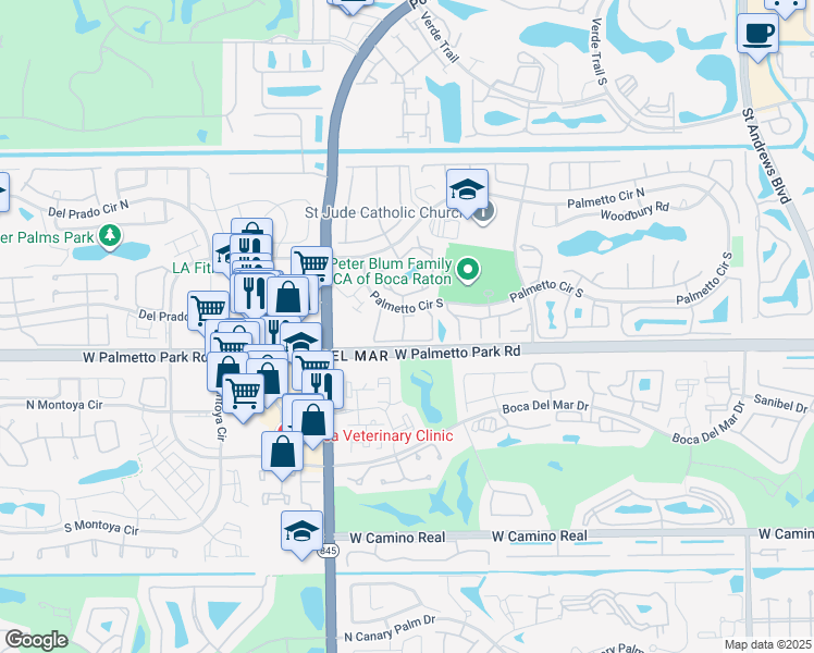 map of restaurants, bars, coffee shops, grocery stores, and more near 6855 Bridlewood Court in Boca Raton