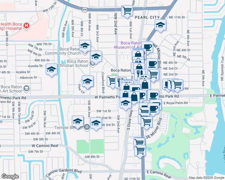 map of restaurants, bars, coffee shops, grocery stores, and more near 201 West Palmetto Park Road in Boca Raton