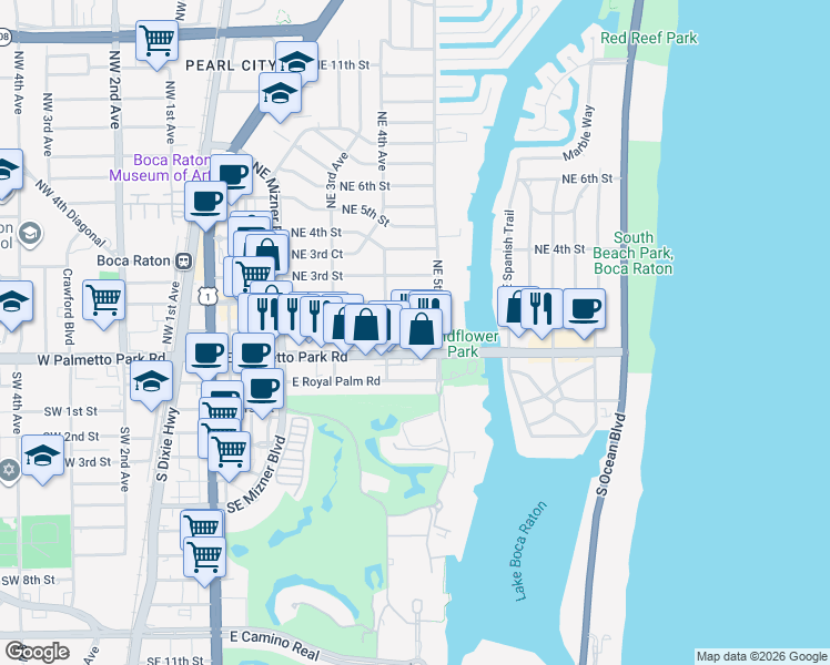 map of restaurants, bars, coffee shops, grocery stores, and more near 430 Northeast 2nd Street in Boca Raton