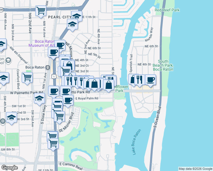 map of restaurants, bars, coffee shops, grocery stores, and more near 430 Northeast 2nd Street in Boca Raton