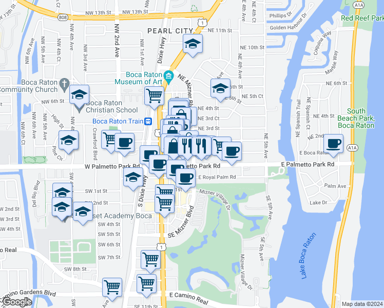 map of restaurants, bars, coffee shops, grocery stores, and more near 100 Northeast Mizner Boulevard in Boca Raton