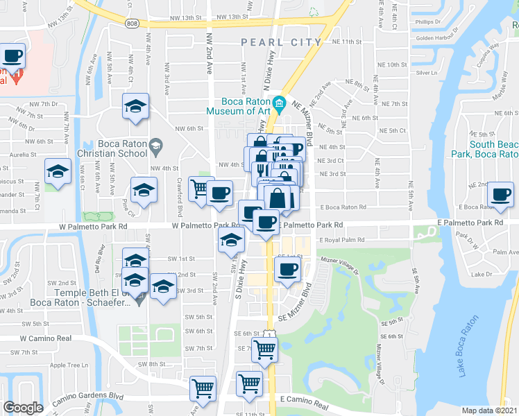 map of restaurants, bars, coffee shops, grocery stores, and more near 32 E Boca Raton Rd in Boca Raton
