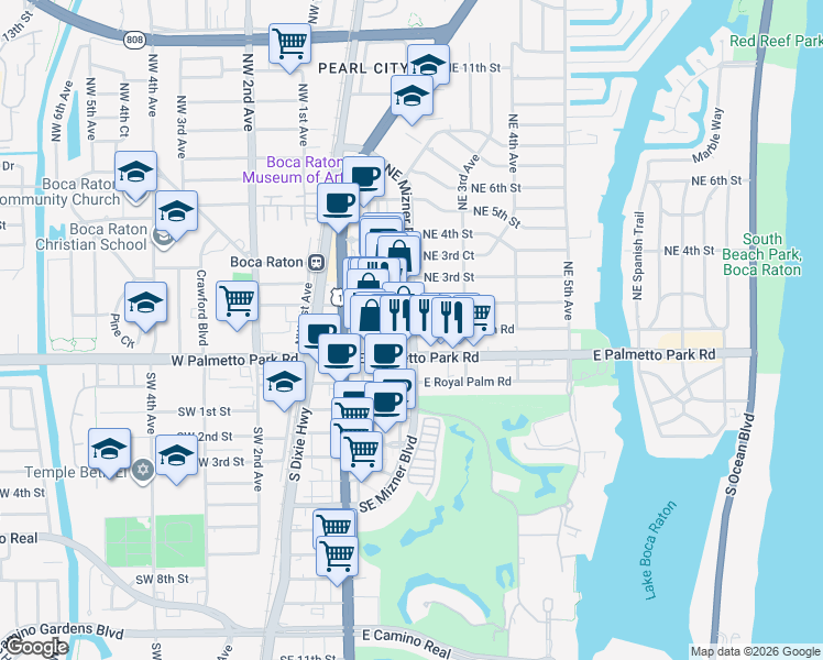 map of restaurants, bars, coffee shops, grocery stores, and more near 100 Northeast Mizner Boulevard in Boca Raton