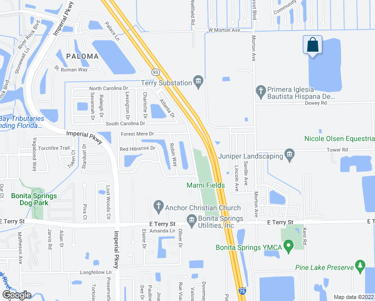 map of restaurants, bars, coffee shops, grocery stores, and more near 26560 Southern Pines Drive in Bonita Springs
