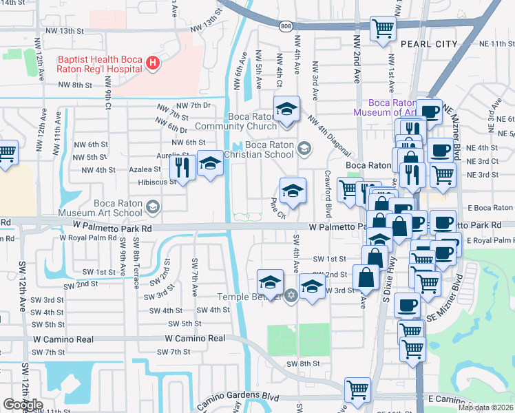 map of restaurants, bars, coffee shops, grocery stores, and more near 101 Northwest 6th Avenue in Boca Raton
