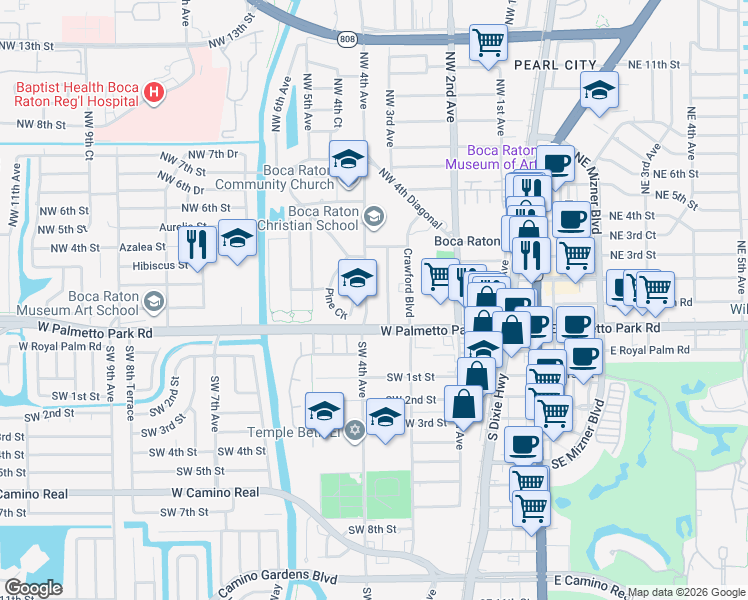 map of restaurants, bars, coffee shops, grocery stores, and more near 161 Pine Circle in Boca Raton