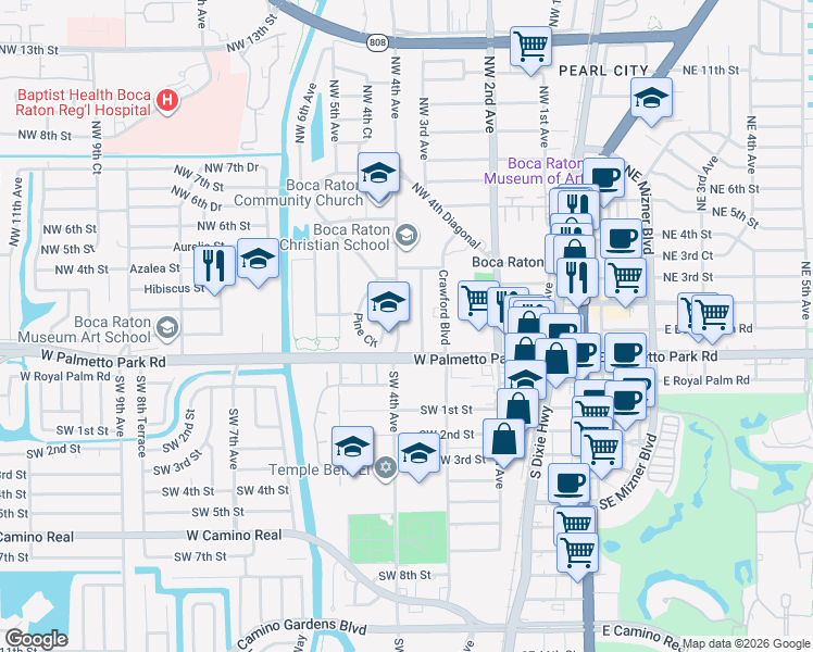 map of restaurants, bars, coffee shops, grocery stores, and more near 161 Pine Circle in Boca Raton