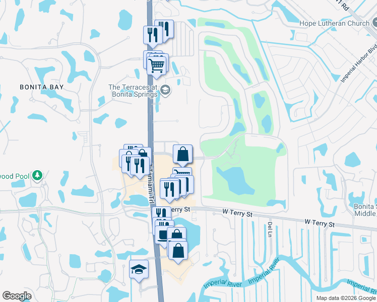 map of restaurants, bars, coffee shops, grocery stores, and more near 9001 Highland Woods Boulevard in Bonita Springs