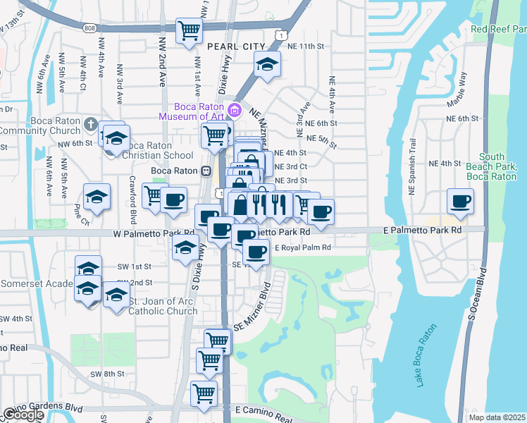 map of restaurants, bars, coffee shops, grocery stores, and more near 100 Northeast Mizner Boulevard in Boca Raton