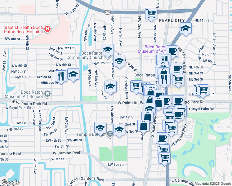 map of restaurants, bars, coffee shops, grocery stores, and more near 161 Pine Circle in Boca Raton