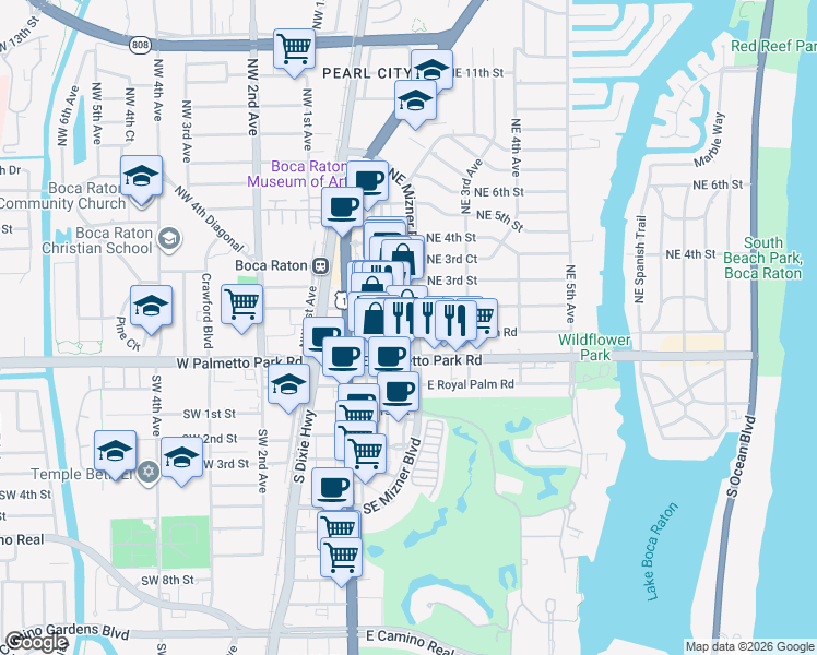 map of restaurants, bars, coffee shops, grocery stores, and more near 100 Northeast Mizner Boulevard in Boca Raton