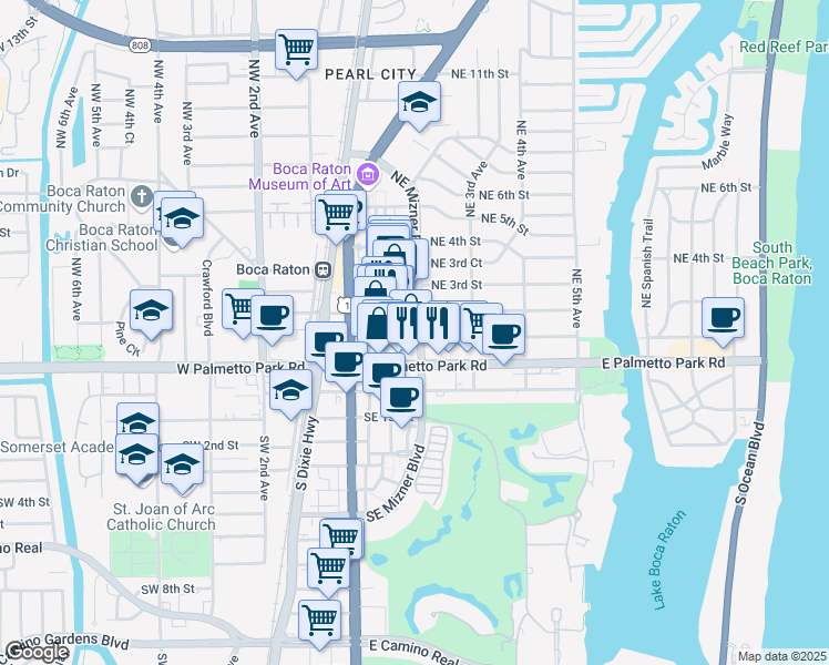 map of restaurants, bars, coffee shops, grocery stores, and more near 100 Northeast Mizner Boulevard in Boca Raton