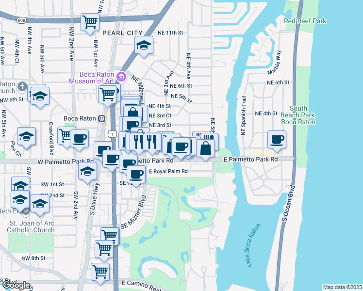 map of restaurants, bars, coffee shops, grocery stores, and more near 344 Northeast 2nd Street in Boca Raton