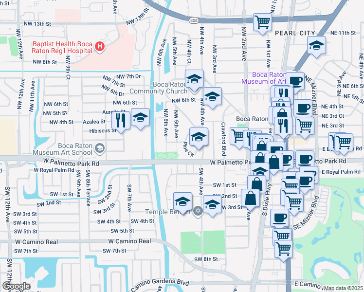 map of restaurants, bars, coffee shops, grocery stores, and more near 481 Northwest 1st Street in Boca Raton