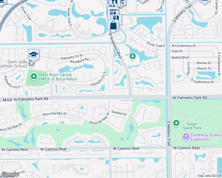 map of restaurants, bars, coffee shops, grocery stores, and more near 21801 Town Place Drive in Boca Raton
