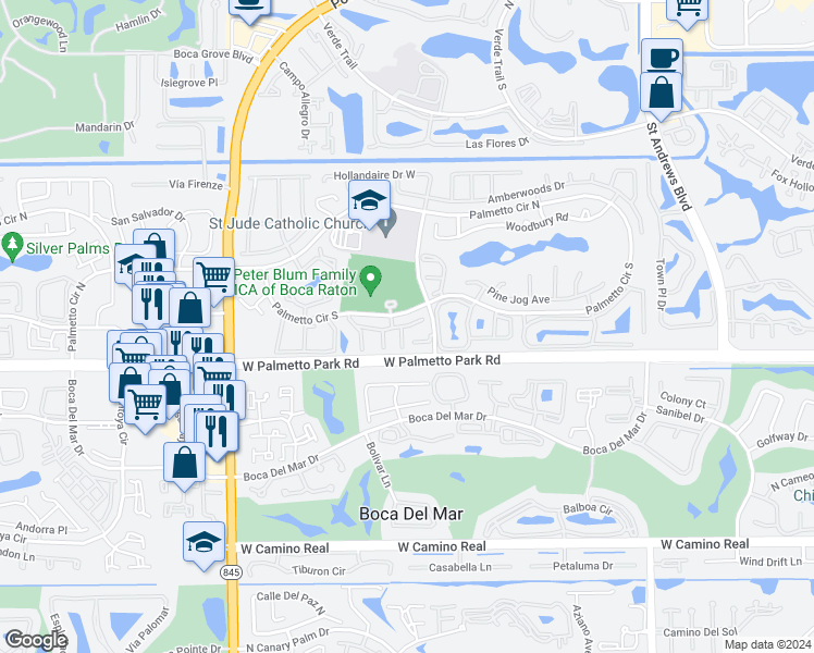 map of restaurants, bars, coffee shops, grocery stores, and more near 19 Somerset Drive in Boca Raton
