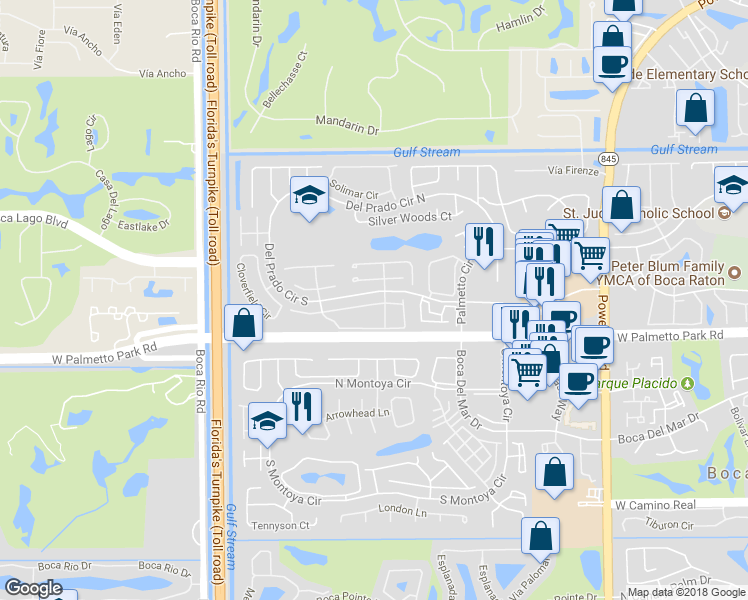 map of restaurants, bars, coffee shops, grocery stores, and more near 7600 Courtyard Run West in Boca Raton