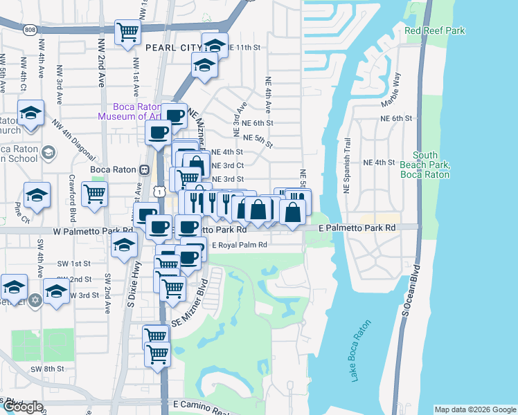 map of restaurants, bars, coffee shops, grocery stores, and more near 344 Northeast 2nd Street in Boca Raton