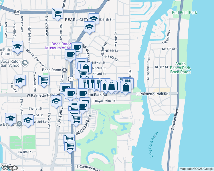 map of restaurants, bars, coffee shops, grocery stores, and more near 344 Northeast 2nd Street in Boca Raton