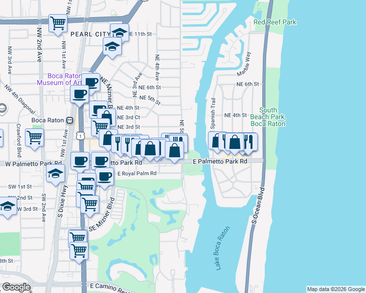 map of restaurants, bars, coffee shops, grocery stores, and more near 130 Northeast 5th Avenue in Boca Raton