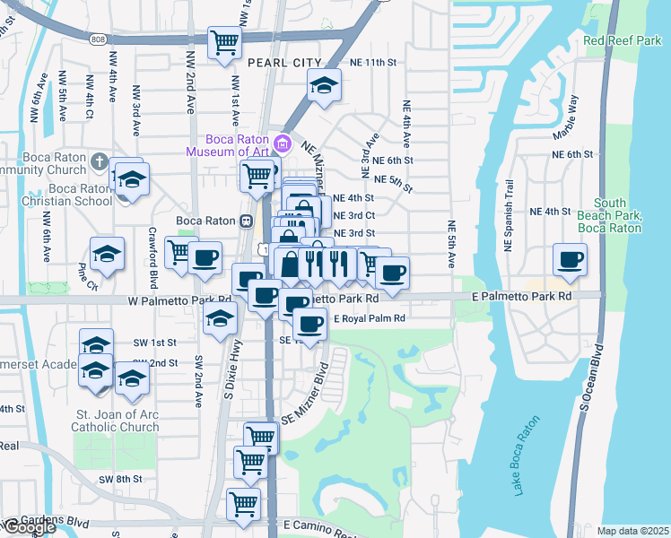 map of restaurants, bars, coffee shops, grocery stores, and more near 100 Northeast Mizner Boulevard in Boca Raton