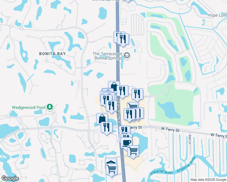 map of restaurants, bars, coffee shops, grocery stores, and more near 26790 South Tamiami Trail in Bonita Springs