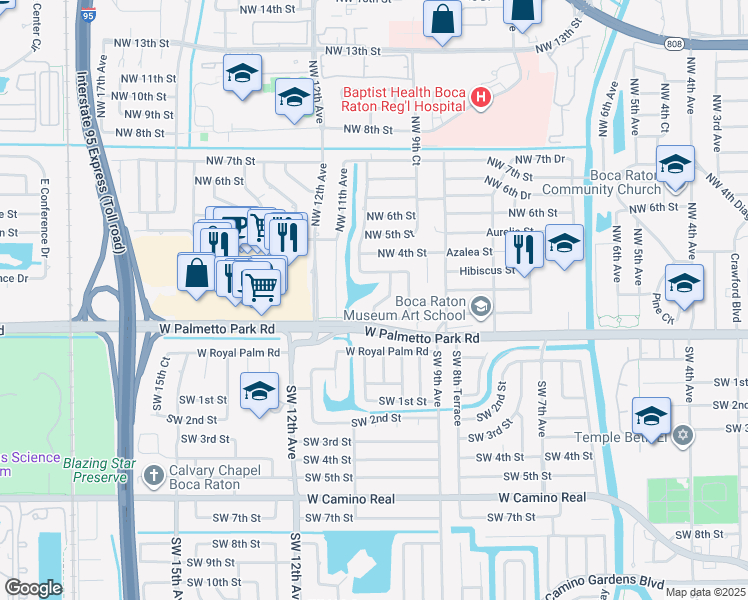 map of restaurants, bars, coffee shops, grocery stores, and more near 121 Northwest 10th Court in Boca Raton